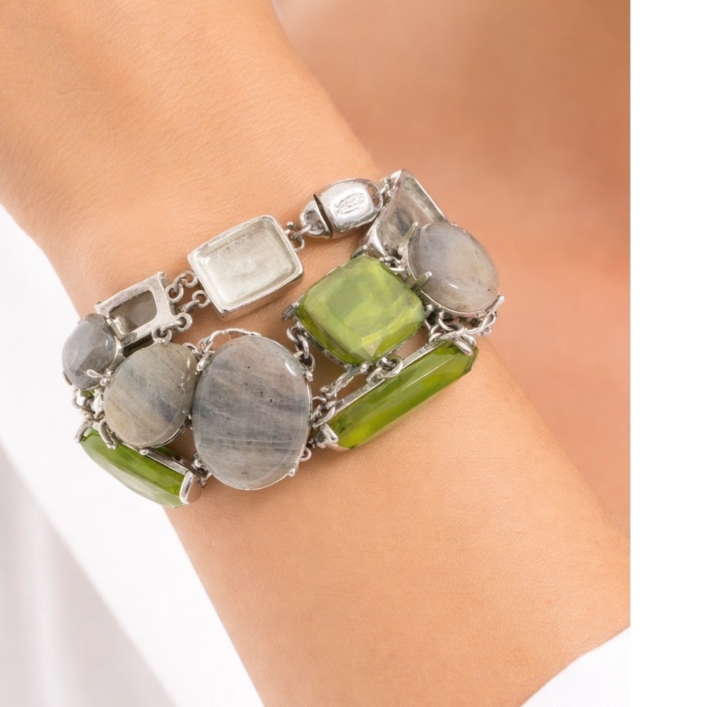 Chicos Silver Tone Green Grey Stone Magnetic Link Bracelet 7.5 Inch‎ Chic 103-99